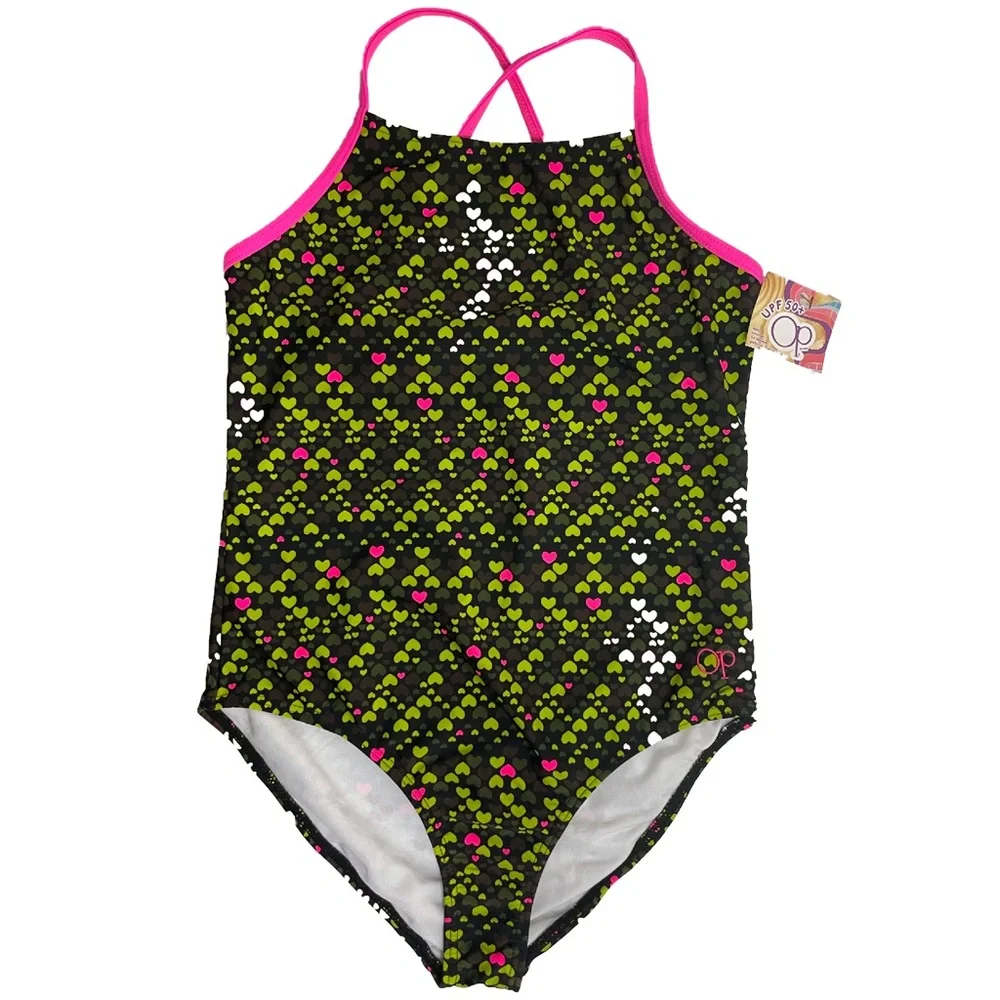 Girls Swimsuit One Piece Bathing Suit Hearts Summer Beach Pool Green Pink White